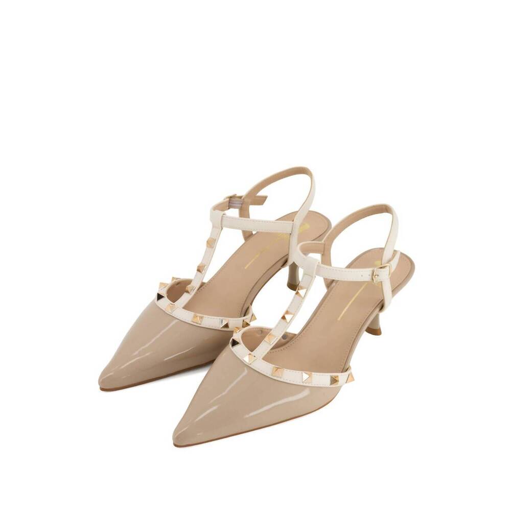 NWOT - ANDREA FENZI Beige Patent Pointed Toe Studded T-Strap Kitten Heels - Picture 4 of 4